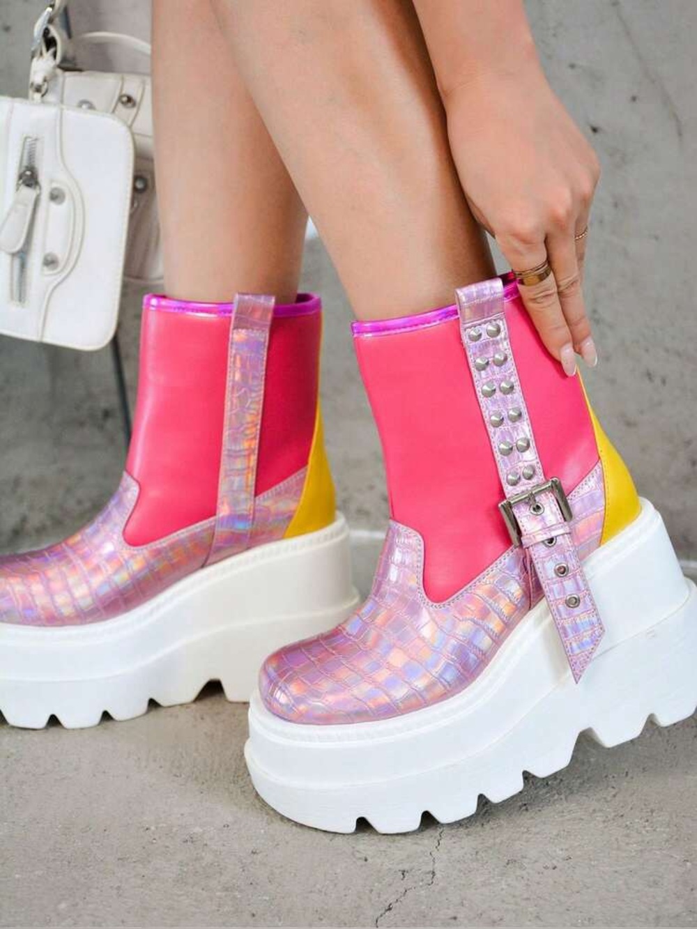 Cape Robbin Pink and Yellow Iridescent Platform Ankle Boots